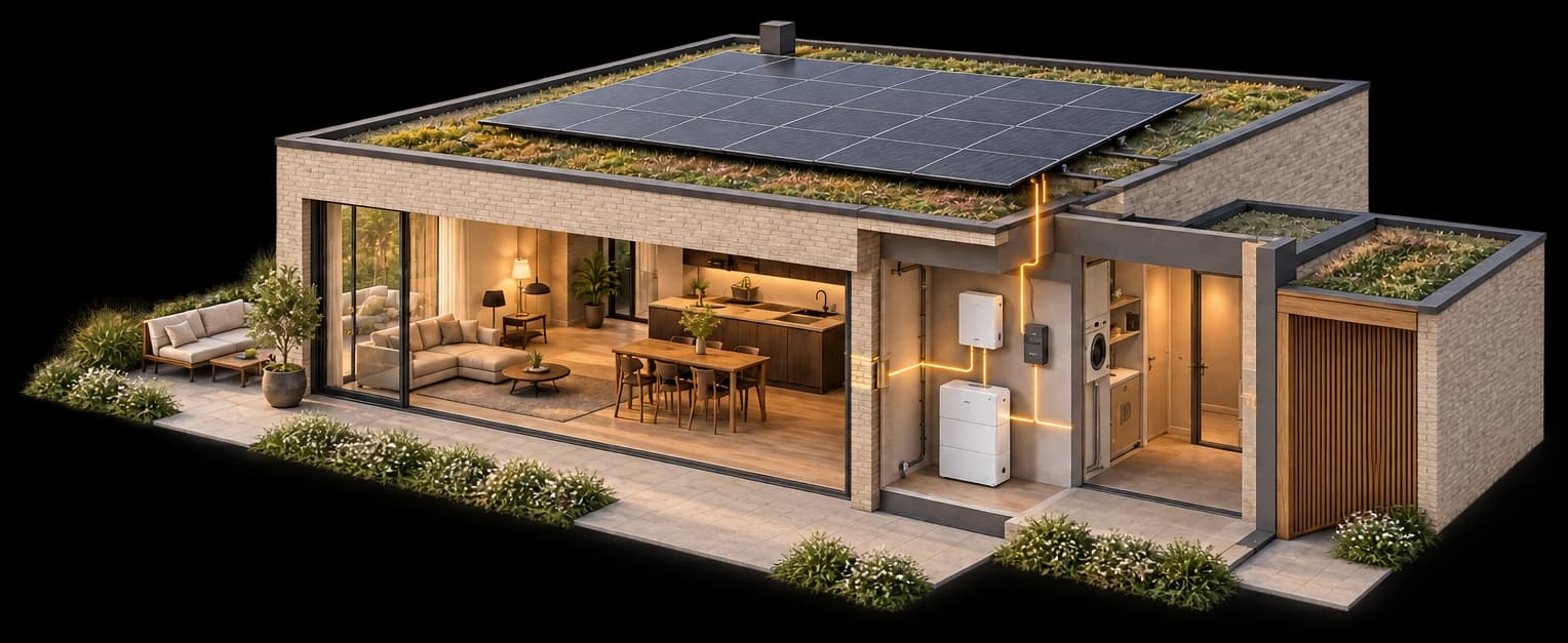 Een opengewerkte woning met zonnepanelen en een thuisbatterij binnen in de technische ruimte; amberkleurige lijnen tonen opslag en gebruik.